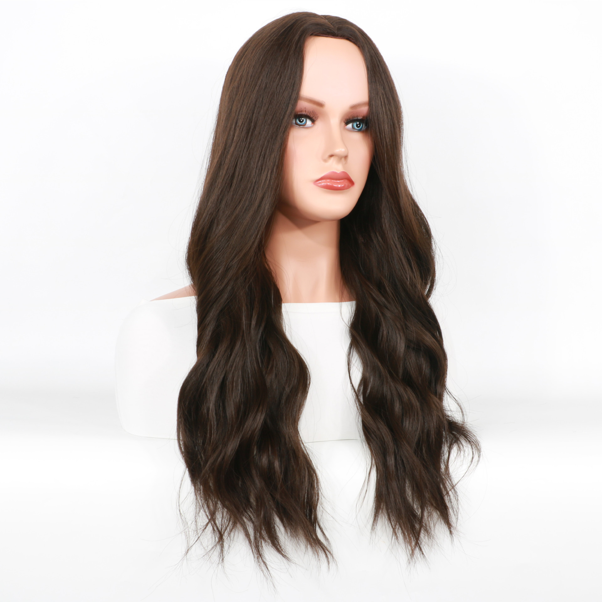 Synthetische pruik Zwart Bruin Mid Split Lange Krul Damesmode Pruiken Volledige hoofdpruik_voghion.com