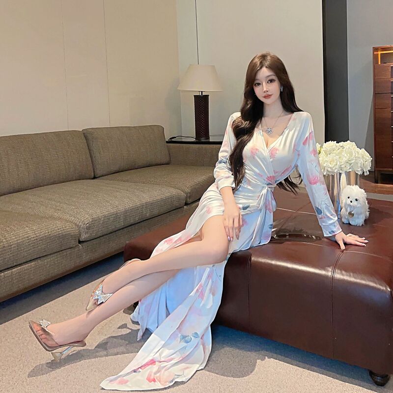 New Chinoiserie Women's Slit Hip-hugging Long Skirt Autum New Sexy V Neck Long-sleeved Printed Formal Occasion Dress