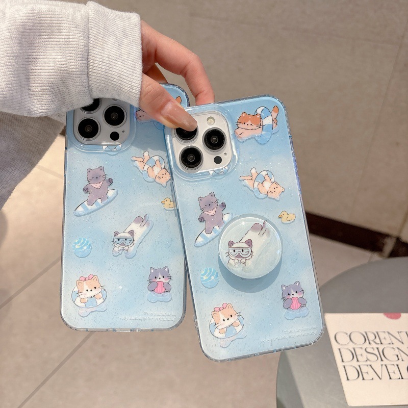 Verano pequeño gato nadador fresco para Apple 16ProMax funda para teléfono móvil 15Pro simple 14/13 nuevo 15