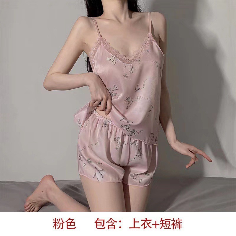 新款性感可爱碎花蕾丝缎面吊带家居睡衣ins风学生两件套装夏季女