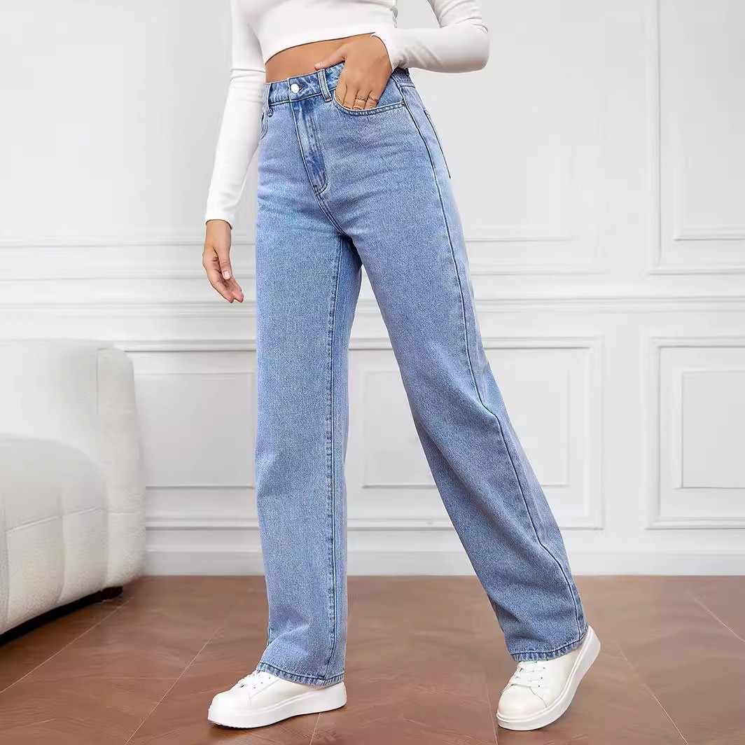 In-Stock Cross-Border European and American High-Waisted Women's Plus-Size Jeans, Amazon Long Style, Fashionable and Versatile Straight-Leg Pants Wholesale