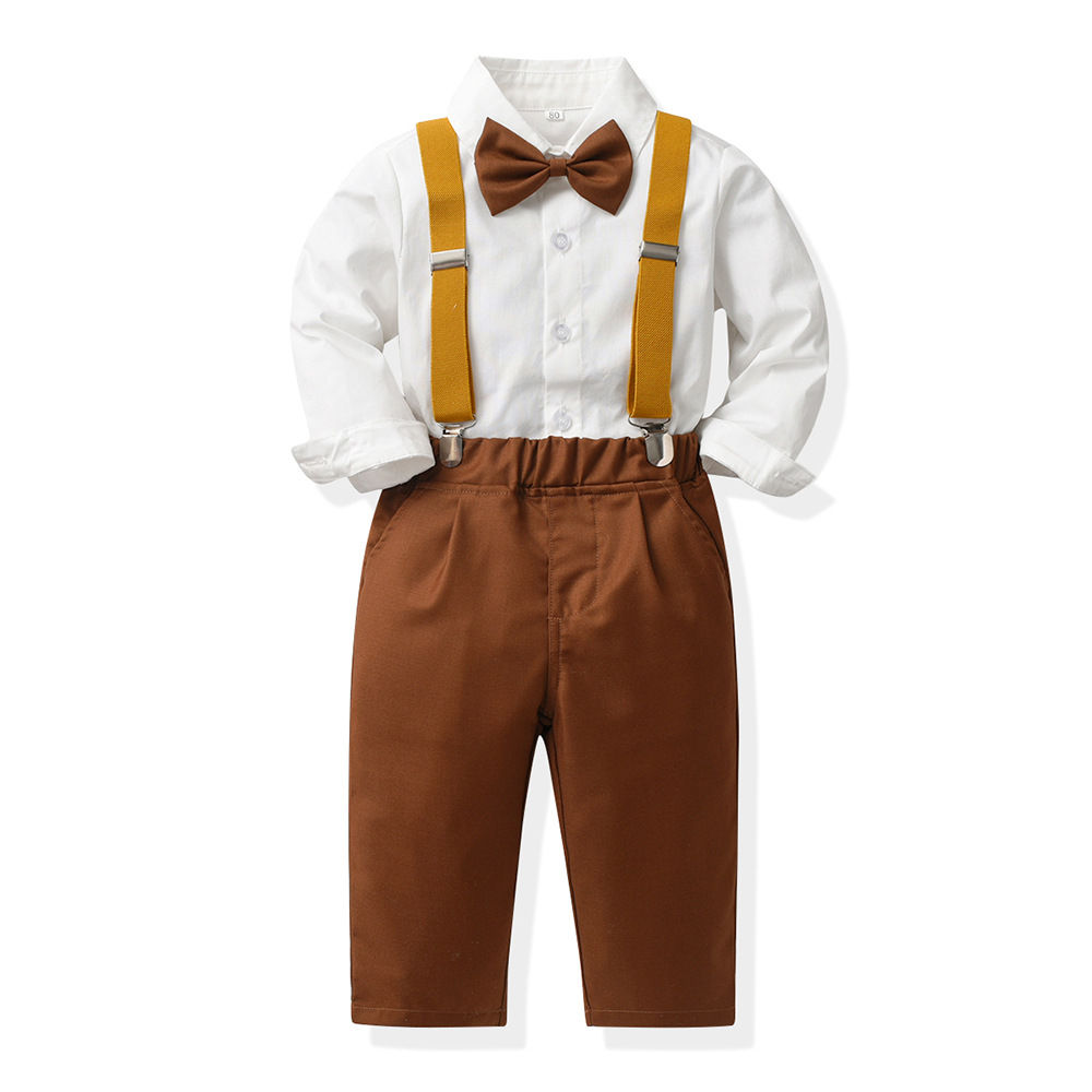 kid's clothing Boys' dress long sleeve bow cotton shirt children's suit suspenders multi-piece set_voghion.com
