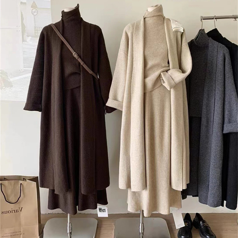 Lazy Wind Coat Knitted Three-piece Set Autumn and Winter New Loose Sweater Turtleneck Vest Half-length Dress Fashion suit