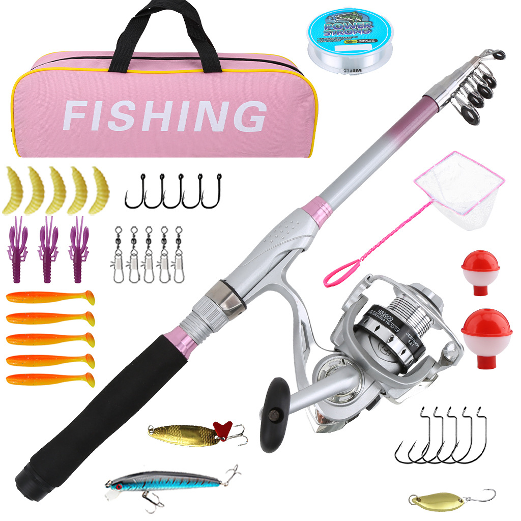 Cross-border lure rod 1.8m pink retractable fiberglass fishing gear set, fishing rod, fishing reel, sea rod, manufacturer wholesale