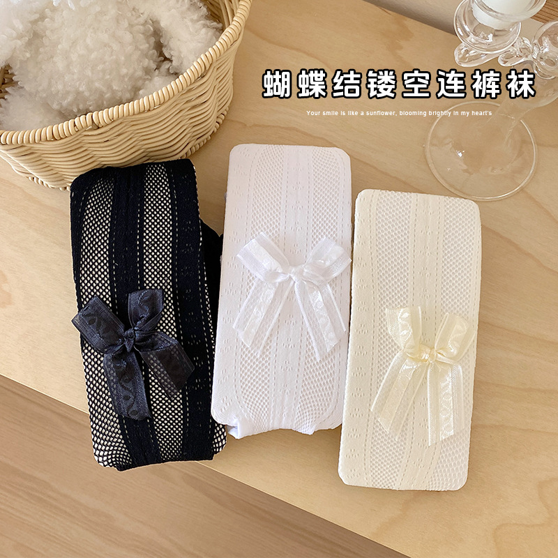 Medias de malla delgadas de verano blanco encaje vertical arco JK Lolita largo dulce encantador red de pesca hueca
