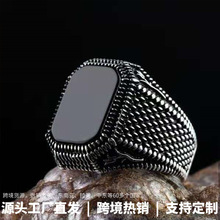 龙瑞跨境热销复古仿天然黑色方形玛瑙纹路戒指铜男士个性指环