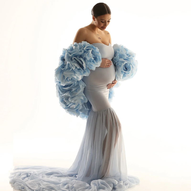 European and American Cross-Border Maternity Photo Shoot Clothing Dress New Photography Dress Big Belly Stereo Flower Dress