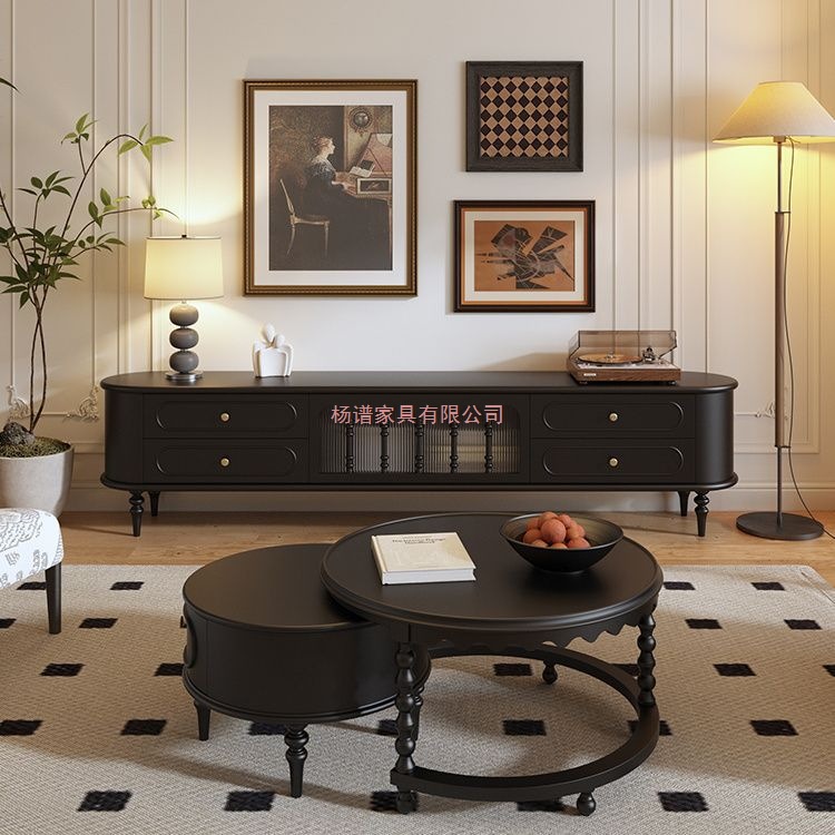 French Retro Tv Cabinet Living Room Solid Wood Mid-Century Style Black High Tv Cabinet Coffee Table American Floor Cabinet