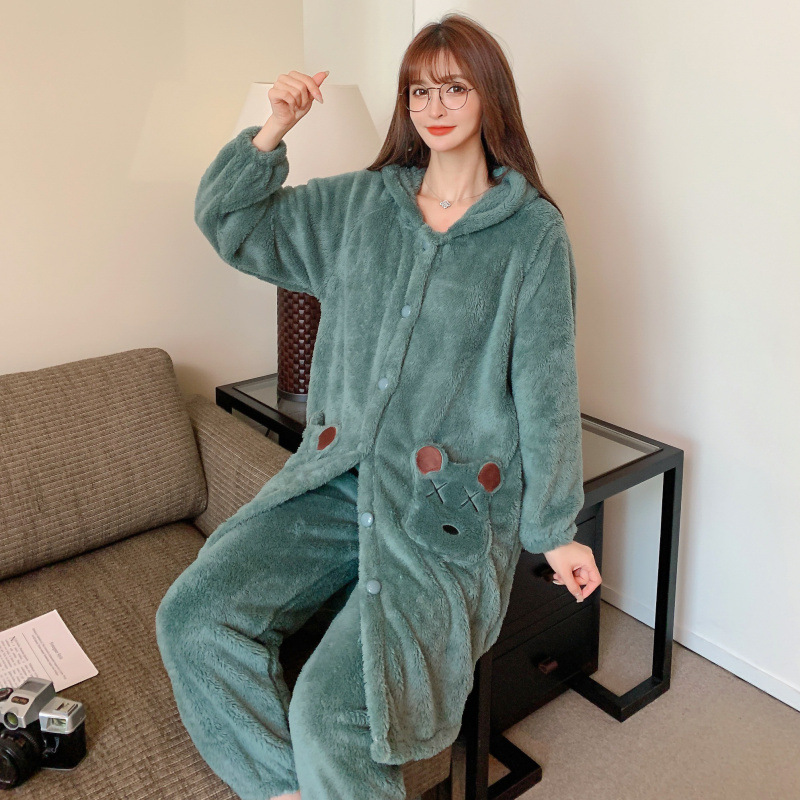 Algas verdes pijamas populares de las mujeres de otoño e invierno de la felpa engrosada de mediados de longitud camisón de las mujeres de franela homewear traje