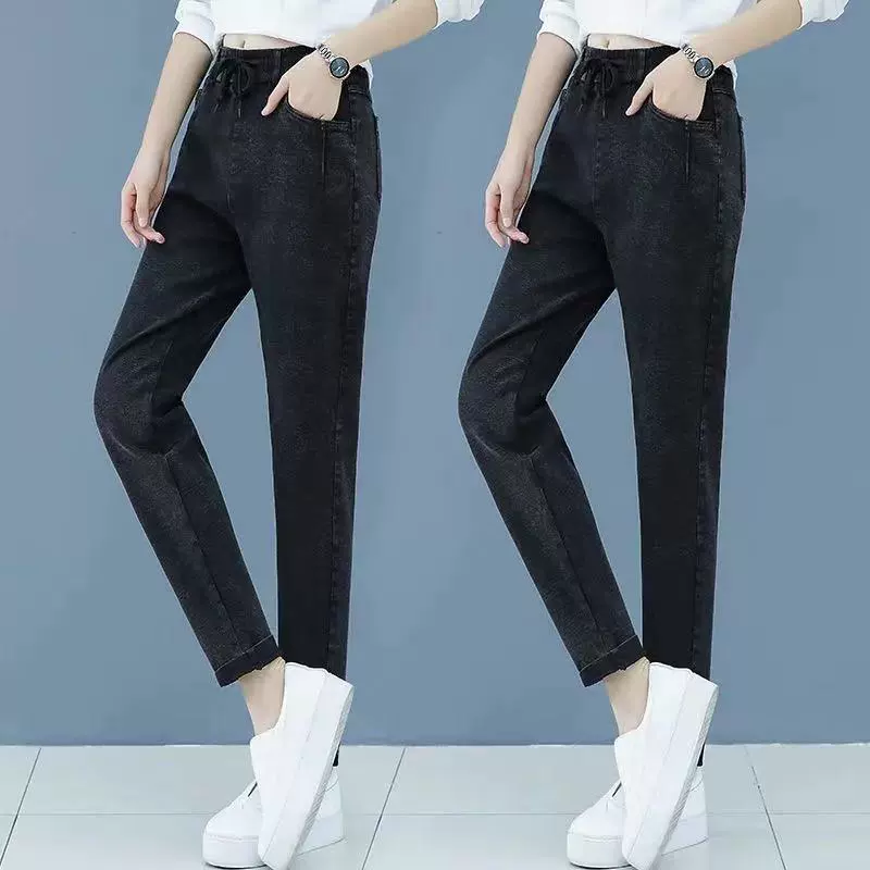 2024 Весенние брюки папы с высокой талией с бриллиантовым рисунком Жареные цветы плюс бархатные джинсы среднего и пожилого возраста женские брюки повседневные брюки