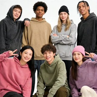 加工定制华棉水洗蜡染卫衣纯色宽松百搭复古重磅美式连帽卫衣长袖