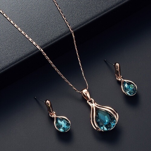 Foreign trade cross-border wish fashion women's blue green drop-shaped necklace earrings set decoration jewelry wholesale