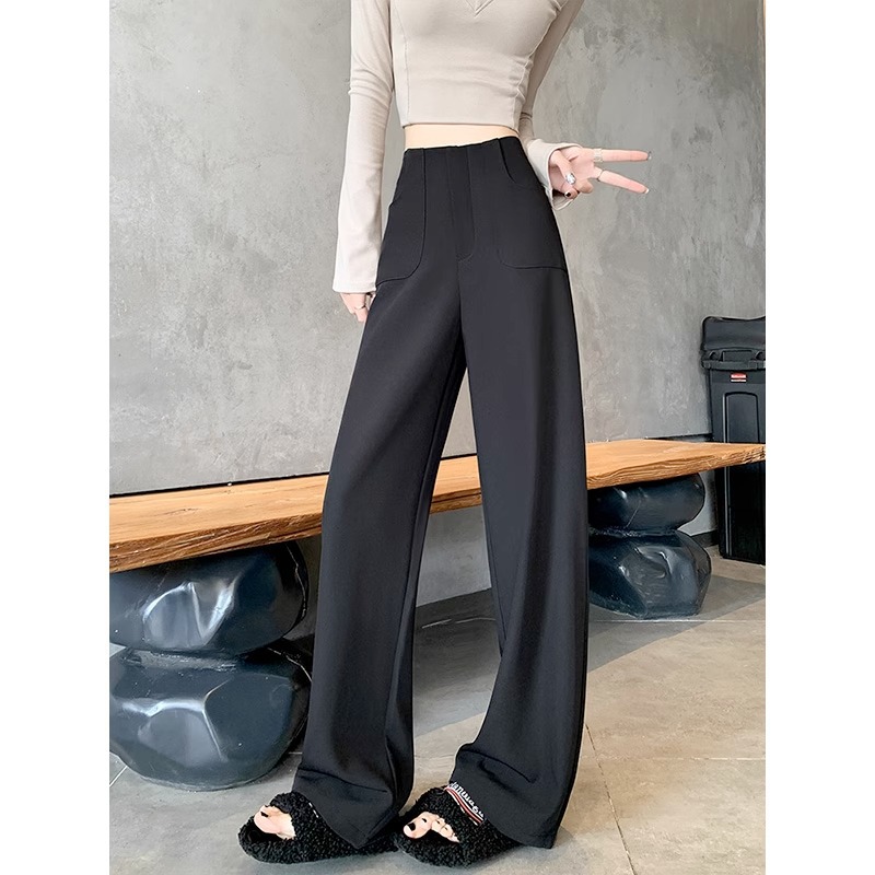 Pantalones de piernas anchas grises para mujeres 2025 primavera nueva cintura alta relajada relajada pantalones casuales rectos pantalones de traje estrechos