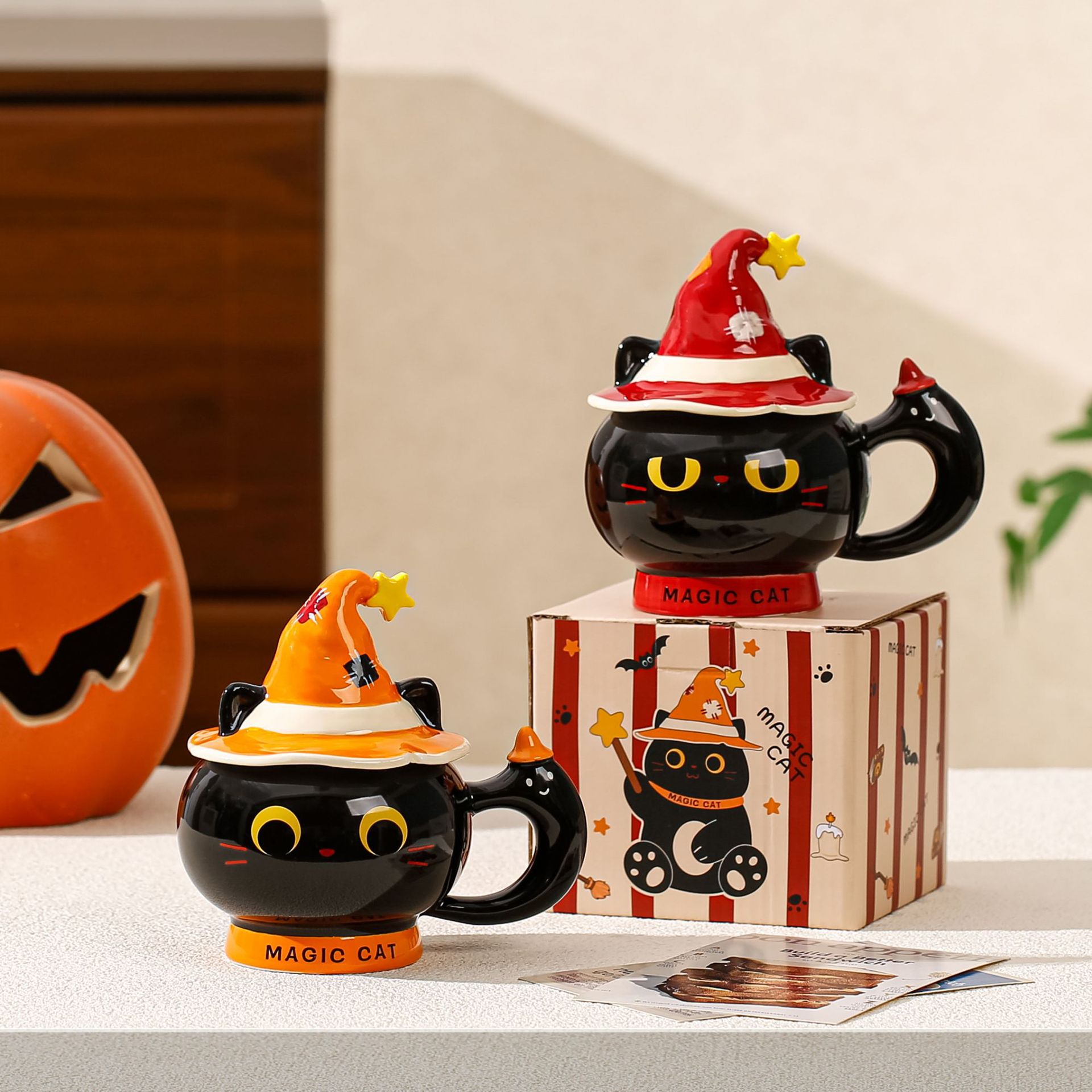 Bonito extraño sombrero mágico gato taza de cerámica de alto valor facial taza de agua con cuchara cubierta regalo de cumpleaños creativo
