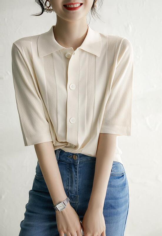 ZYN562701MG Cool Summer Yarn Lel Mid-Sleeve Commuter Knitted Cardigan Air-conditioning Shirt