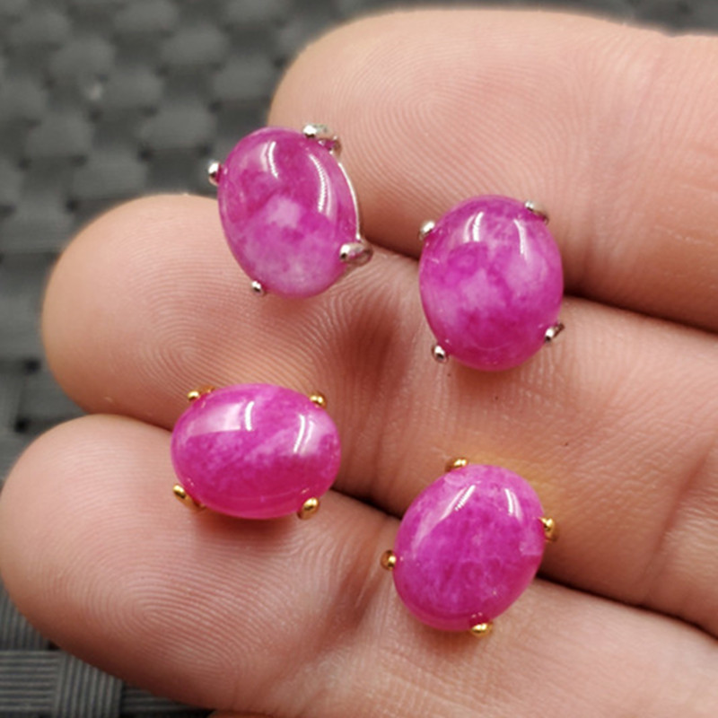 玉石耳钉桃花玉蛋面耳钉粉色玉石耳钉石英岩玉椭圆形耳钉玉耳坠|ru