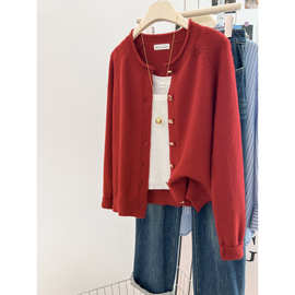 欧货高级感超好看黄色色毛衣外套女秋冬季圆领针织开衫外穿上衣