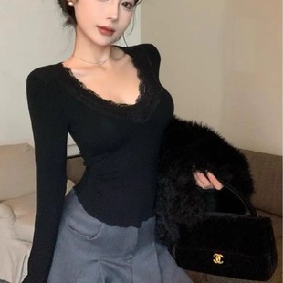 857# Pure Desire Lace V-Neck Base T-Shirt Women's Fall/Winter Sanding Slim Fit Slimming Elastic Short Long Sleeve Jacket