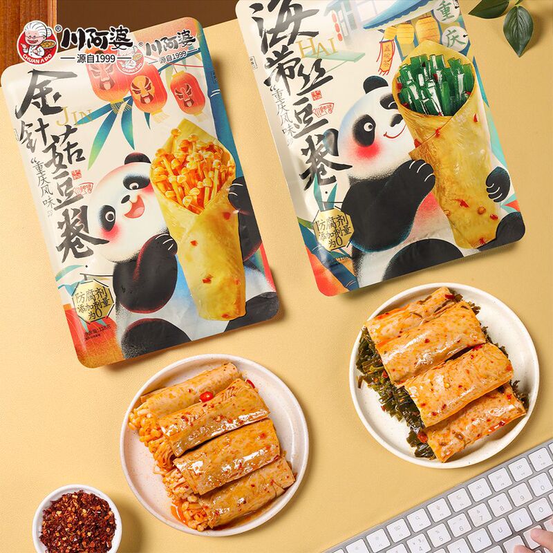 川阿婆熊猫金针菇豆卷海带夹心豆皮卷麻辣解馋小零食豆干休闲小吃|undefined