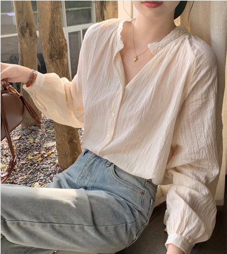 2024 Spring New Korean Style Creamy Apricot Lace Spliced ​​Stand Collar Loose Versatile Long Sleeve Shirt for Women