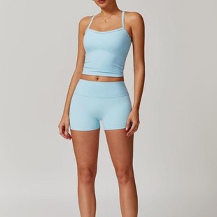 Summer Brushed Back Yoga Suit High-Waisted Elastic Tight Sports Fitness Pants Shorts Women's Tube Top with Chest Pad