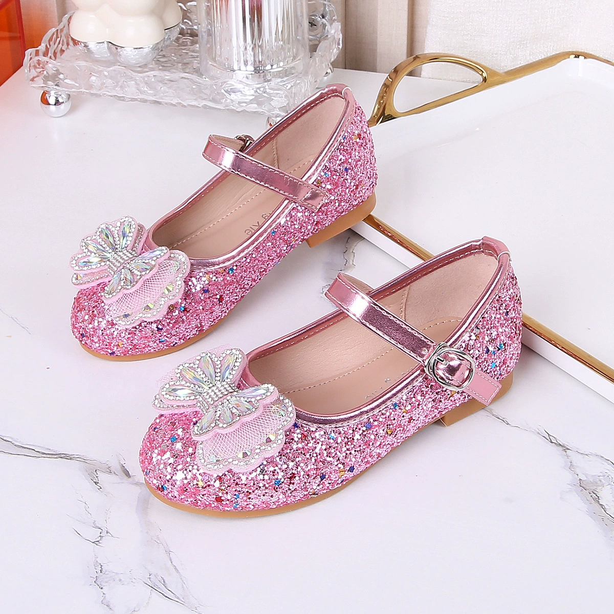 Shoes for princess, children's nail sequins with bow for leather shoes, new collection, autumn