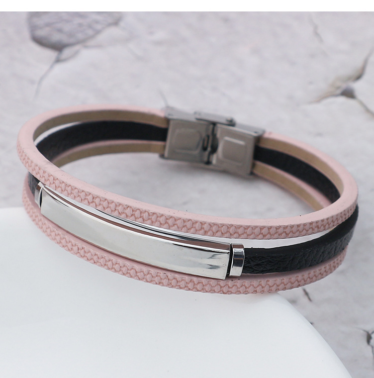 Retro Classic Style Customization Laser Engraving Pu Leather Titanium Steel Woven Chain Bangles Wholesale display picture 3
