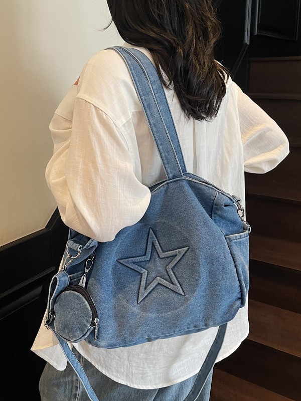 Diseño de nicho de mezclilla de cinco estrellas anticuado Totte bolso mujer comercio exterior transfronterizo nuevo bolso bandolera retro de gran capacidad