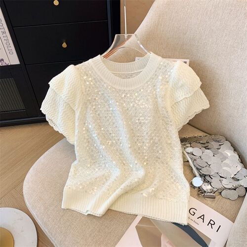 French sparkling bud sleeveless sweet knit top for women 2025 summer round neck youth short sleeve top
