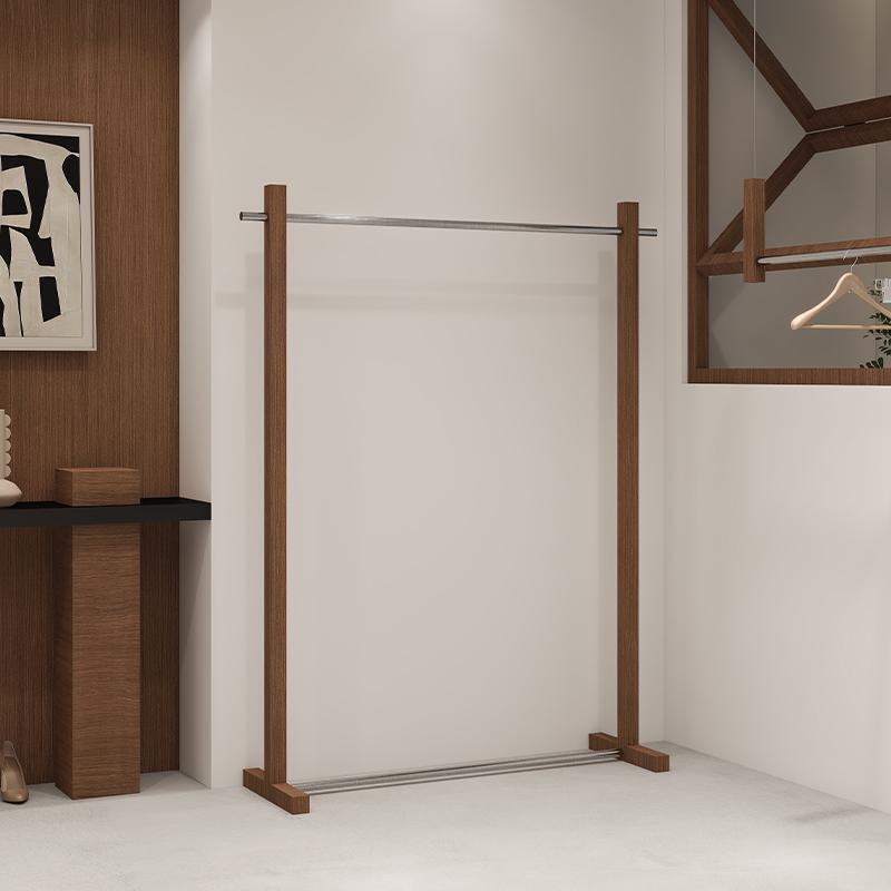 Clothing Display Display Island Floor-Standing Stainless Steel Clothes Hanging Rod Transfer Walnut Wood Grain Color Retro Women's Clothing Store Shelves