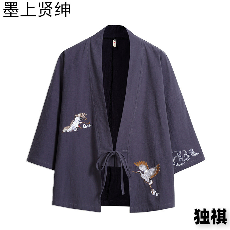 Primavera y verano estilo chino grulla bordada kimono cardigan tendencia masculina estilo antiguo estilo japonés chaqueta suelta taoísta traje masculino