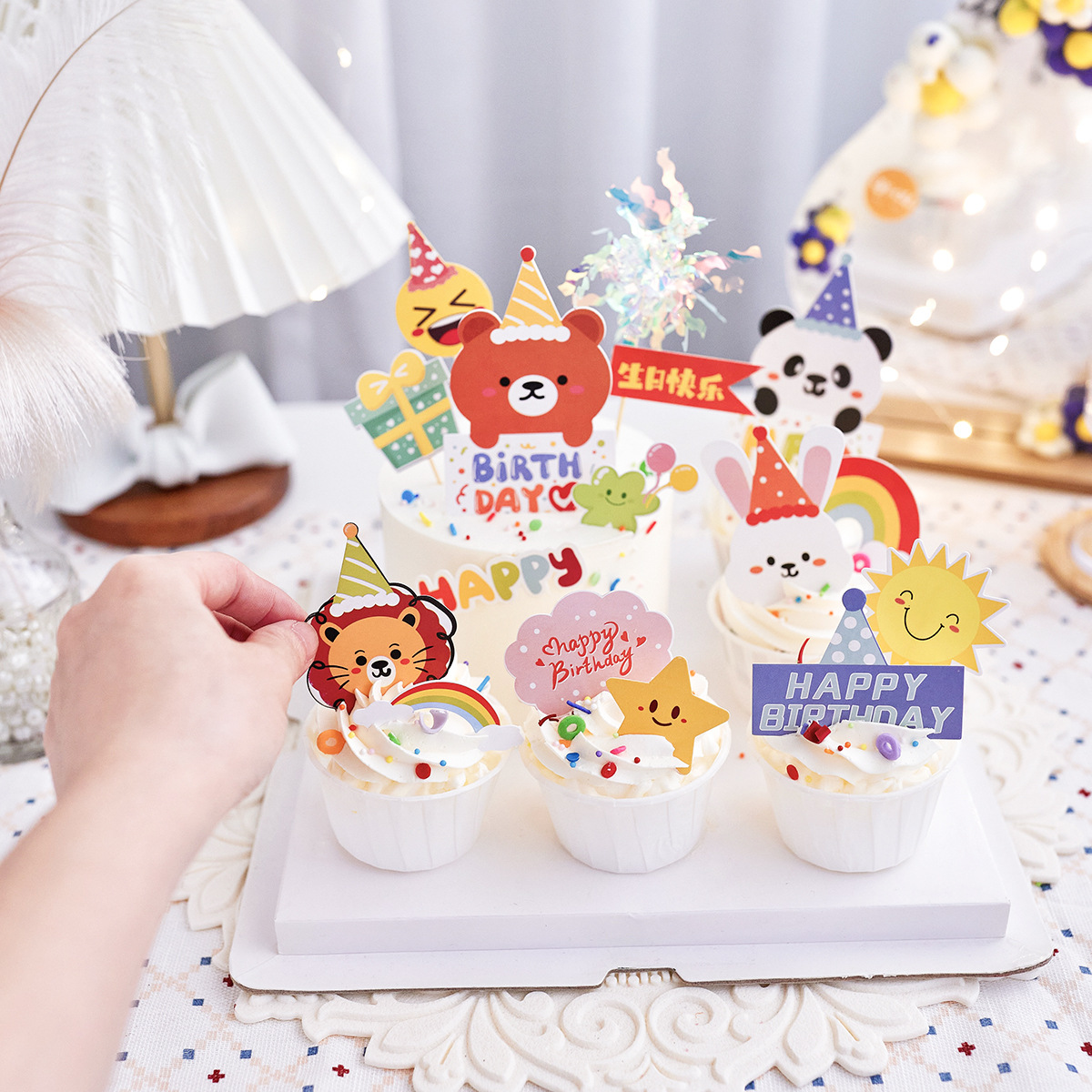 ins style Korean-style Bear rabbit animal birthday cake decoration Peace Joy card dessert table paper cup plug-in