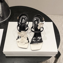 2024新款 罗马一字带拼色花朵细跟性感时尚凉鞋