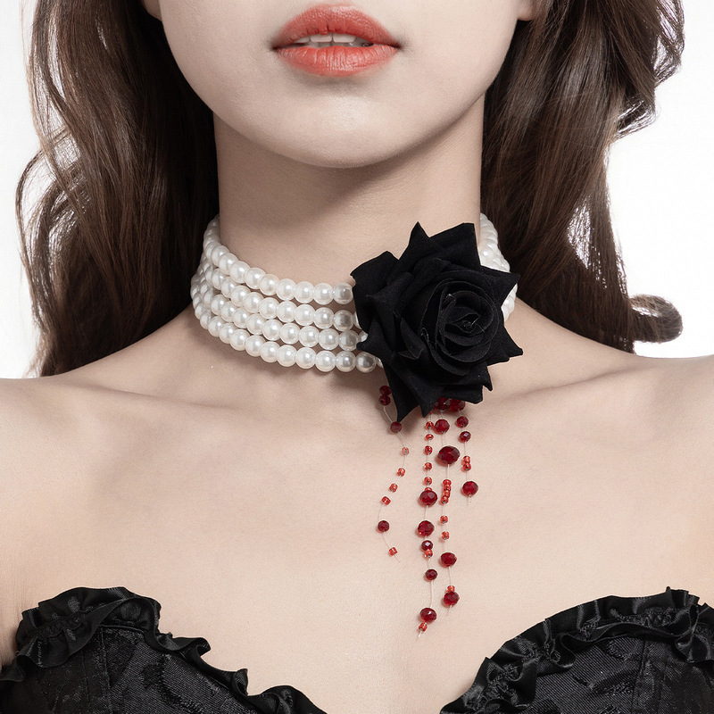 ヨーロッパとアメリカのクロスボーダーハロウィンダーク染めブラッドパールビーズネックレス女性のクリエイティブローズフラワー多層タッセルネックレス|undefined