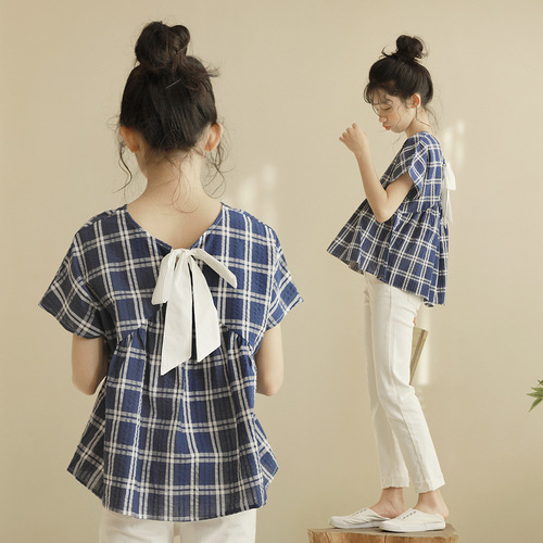 2024 New Middle-Size Girls' Cotton Plaid Doll Shirt, Japanese and Korean Style Short Sleeve Thin and Soft Girls' Top, Summer High-Quality Children's Clothing