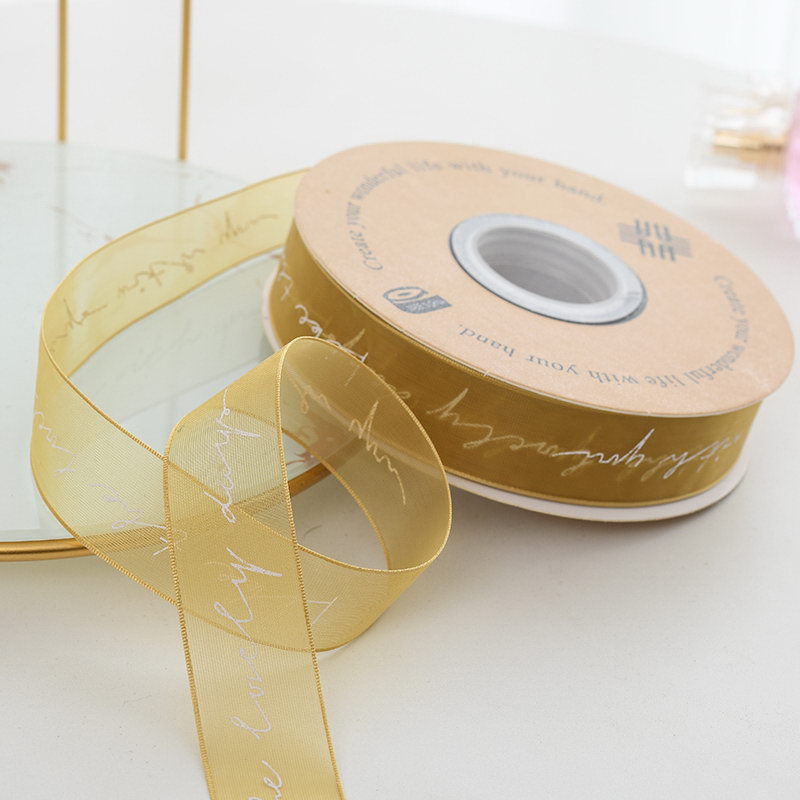 Venta al por mayor cinta de impresión de hilo de nieve letras inglesas Flor de organza pastel de embalaje cinta de ramo de vendaje transparente