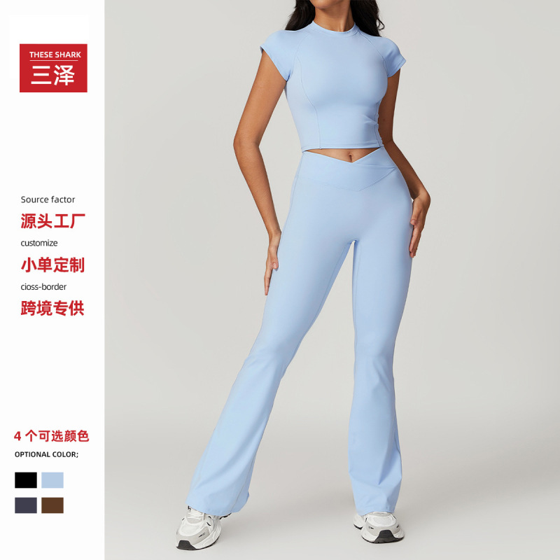 European and American Style Tight-Fitting Quick-Dry Yoga Outfit for Women, Outerwear, Butt-Lifting Running Training Sports Short-Sleeve Flared Pants Fitness Clothing