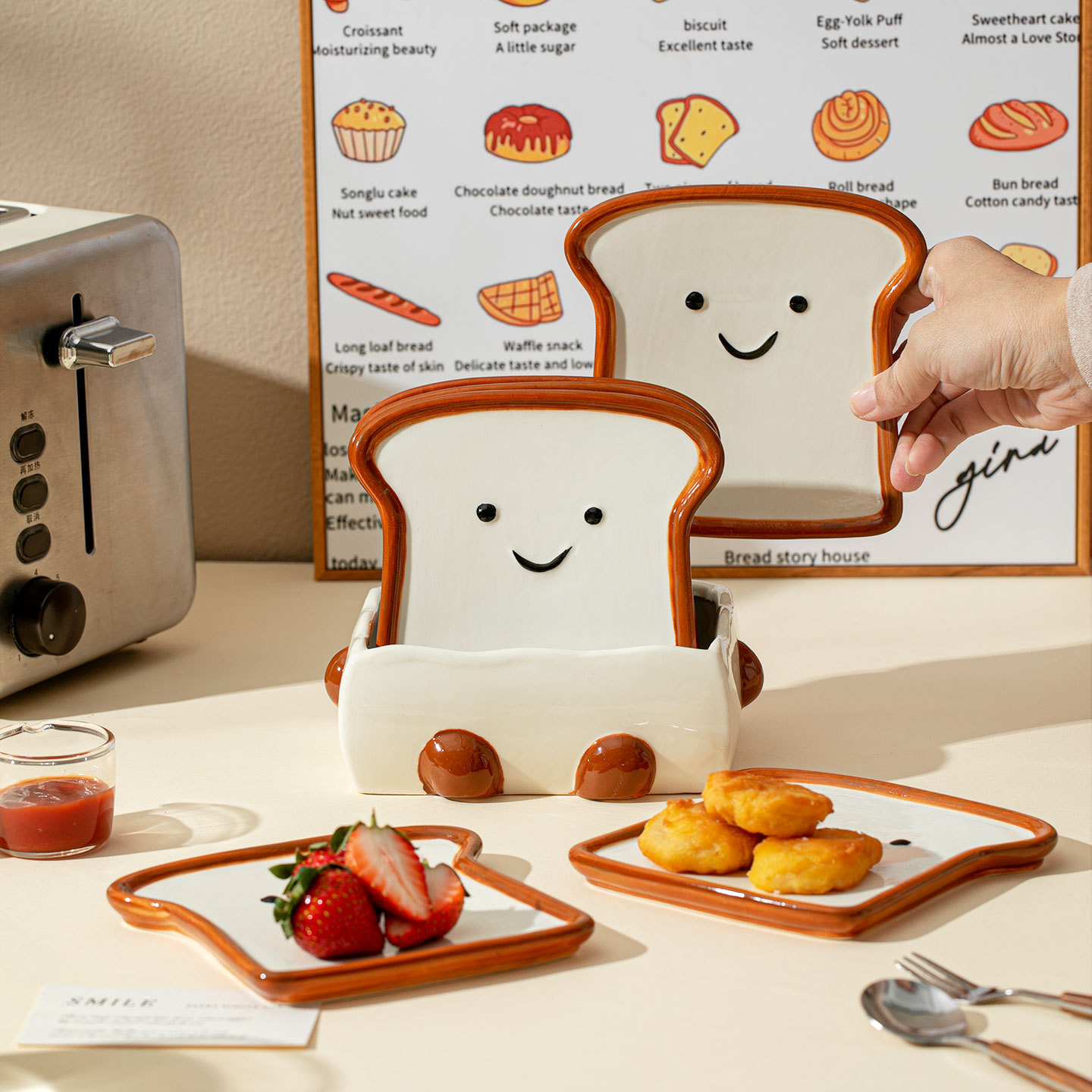 Bonito plato de cerámica para tostadas, plato de desayuno casero, plato de pan de dibujos animados creativo, conjunto de plato de hueso de alto valor