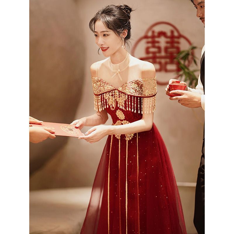 Chinese Toast Dress for Bride 2023 New Summer Thin Simple Elegant High-End Wedding Evening Dress for Women