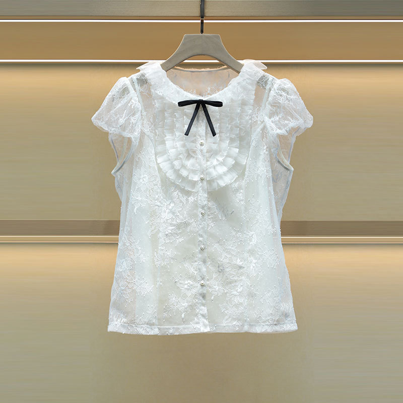 Mo Shu Weiya 2025 Summer New Bow Collar Single-breasted Short-sleeved Lace Sweet Shirt 7101D