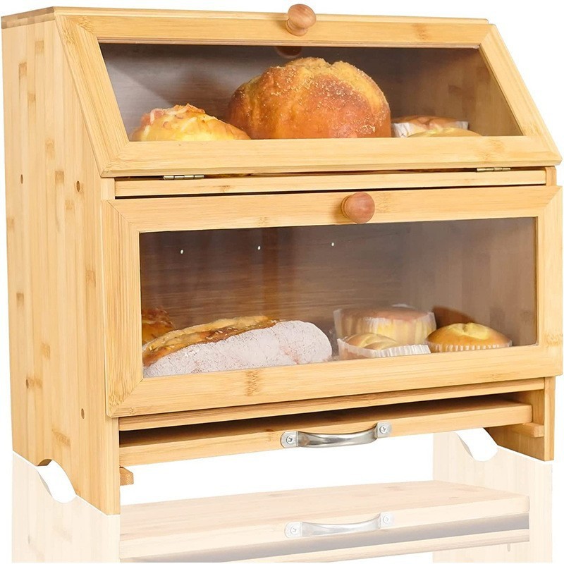 Caja de pan de bambú de dos niveles en stock, caja de pan de madera maciza con puerta corredera desmontable, caja de almacenamiento de cocina de tres niveles con cajones.