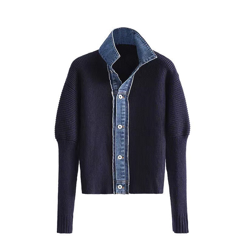 2025 Autumn and Winter New Korean Style Ins Loose Denim Patchwork Knitted Jacket for Women with Puff Sleeves and Fake Two-Piece Sweater Trendy 2025 Autumn and Winter New Korean Style Ins Loose Denim Patchwork Knitted Jacket for Women with Puff Sleeves and Fake Two-Piece Sweater Trendy
