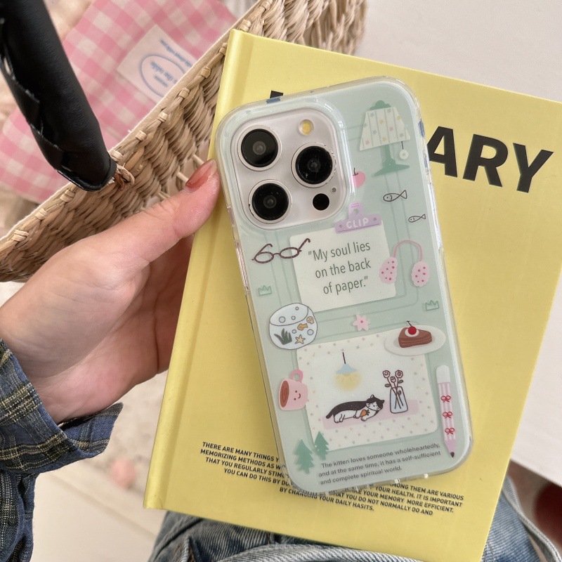 Pequeña lámpara de mesa linda verde fresca para gatos Apple 16ProMax funda para teléfono 15Pro/14Pro Mujer 13P