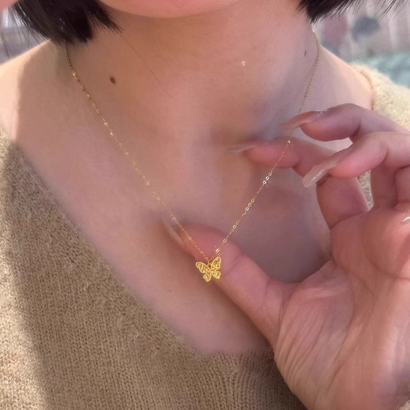 金店同款精工 沙金碎冰冰蝴蝶项链女款 轻奢小众高级感锁骨链