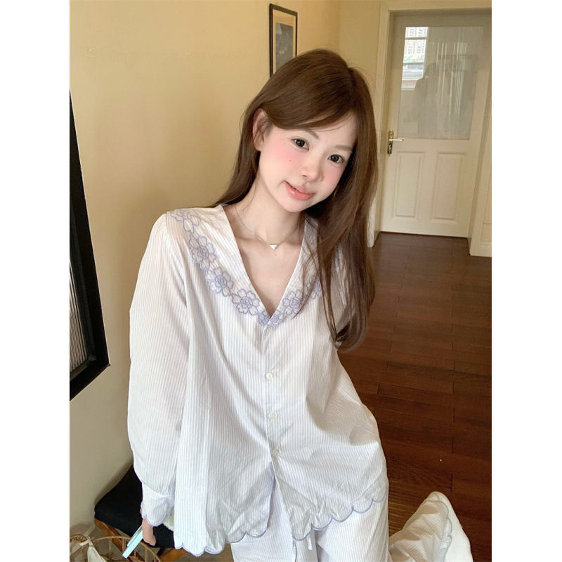 韩国ins女士春秋新韩系重工刺绣花朵甜美花边翻领家居服睡衣套装|undefined