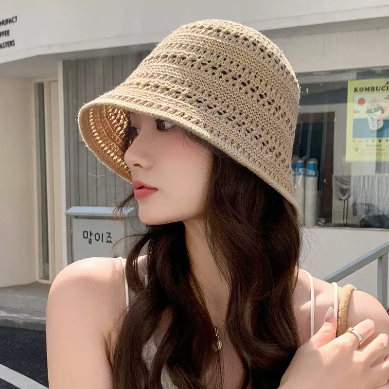 渔夫帽女夏季日系显脸小盆帽遮阳防晒帽韩版镂空透气编织水桶草帽