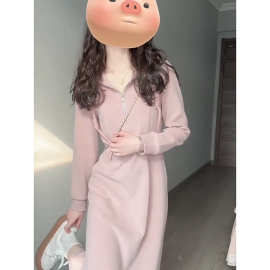 300中长裙卫衣胖mm连帽大码抽绳斤2女法式春秋季显瘦粉色连衣裙
