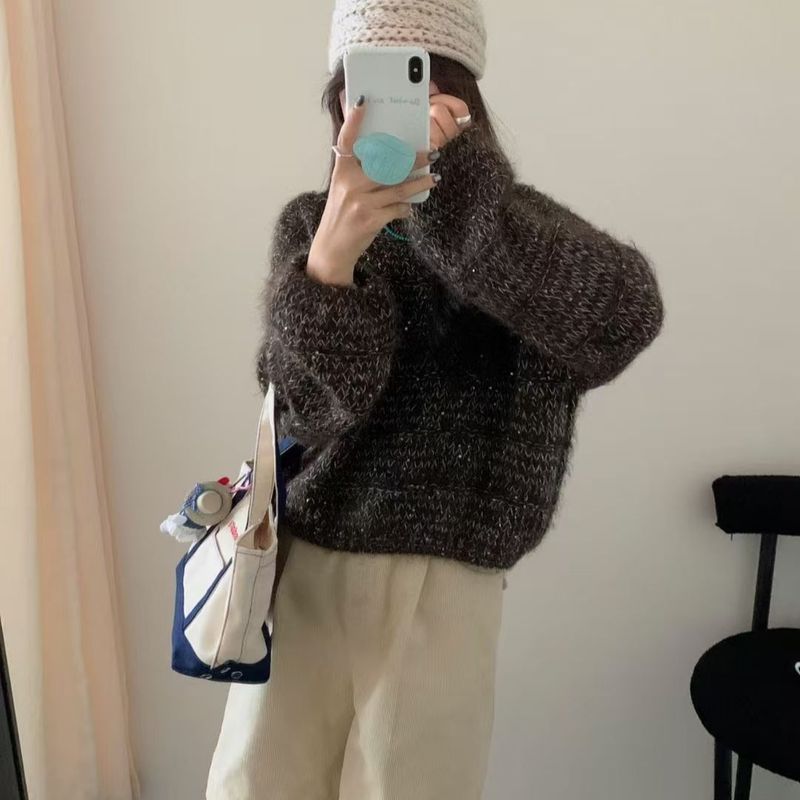 韩系专柜品质圆领纯色高级感慵懒风宽松显瘦长袖短款针织毛衣女|undefined