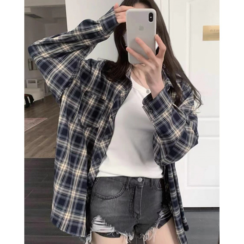 满江月幂式秋季新款复古格纹衬衫女休闲外套宽松休闲薄款开衫上衣|undefined