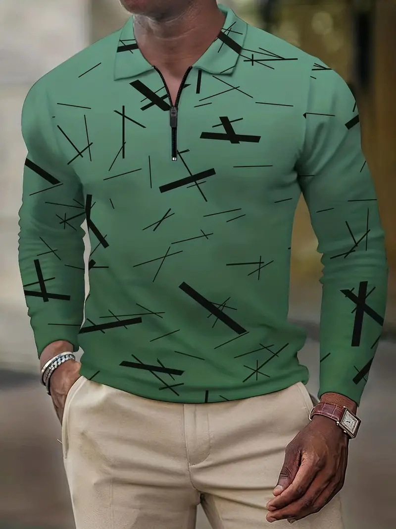 Camisa POLO de solapa de hombre básica simple con estampado digital, camisa delgada de manga larga con cremallera MB14